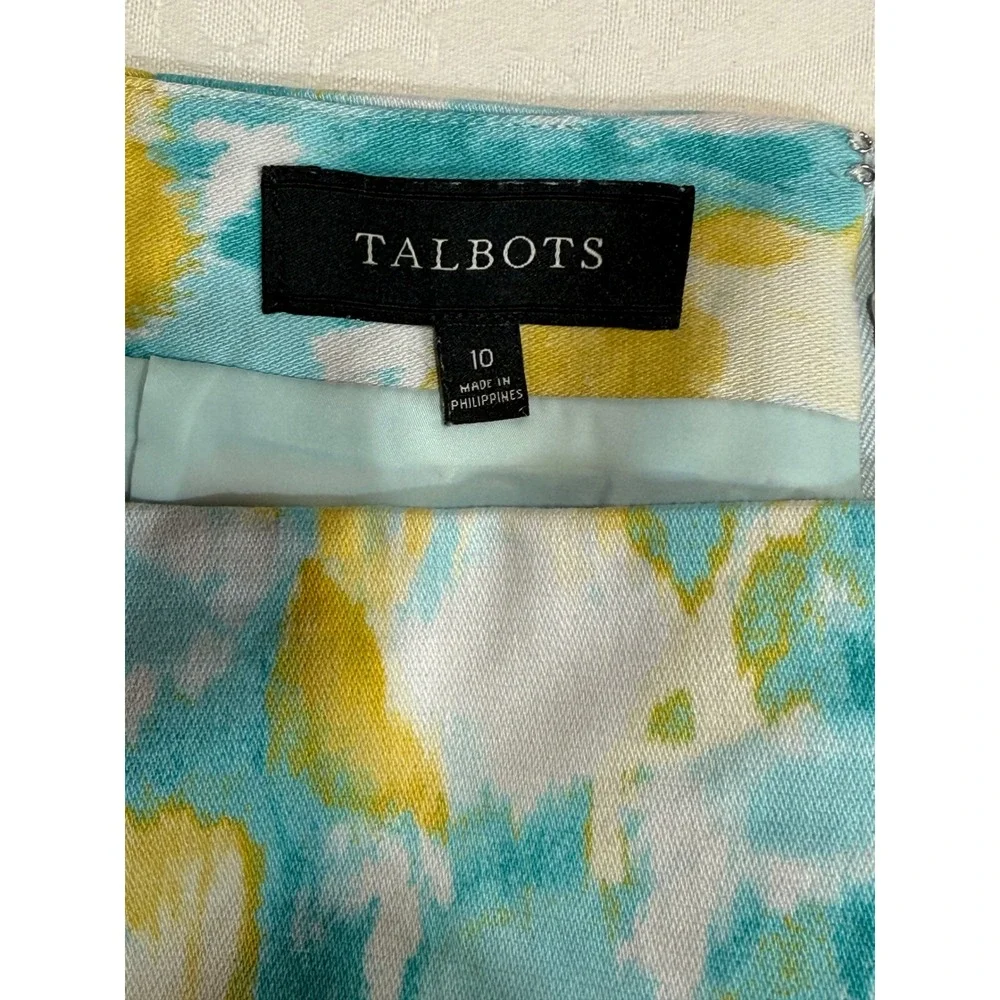 Talbots Pencil‎ Skirt Womens 10 Teal Yellow Watercolor Floral Cotton Stretch